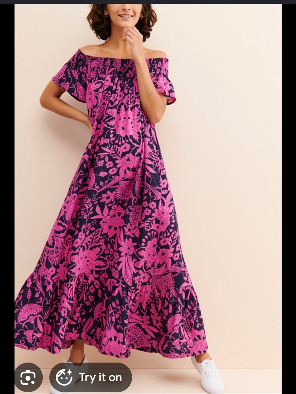 Anthropologie Arielle Pink and Navy Floral Off-Shoulder Maxi Dress